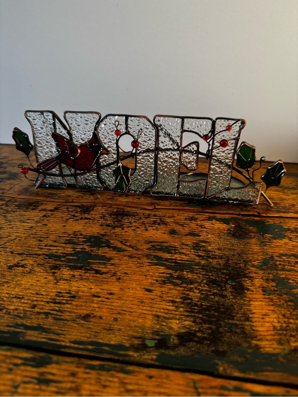 Holiday 'NOEL' Stained Glass Candle Holder in Red and Green